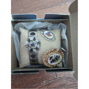 Vintage Petit Point Brooch Pins and Bracelet Handmade By Floral Porcelain Artist